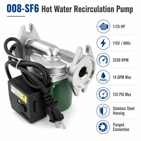 Badgeass Heavy Duty Hot Water Circulator Pump Compatible With 008 Sf6 Models For Hydronic Heating Systems Stainless Steel 115 Volt Replacement; detailed view of pump with flanged connection.