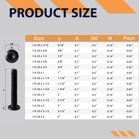 Rock Solid 1/4 20 X 1 Flat Head Hex Socket Cap Screws And Bolts size chart showing dimensions and specifications.