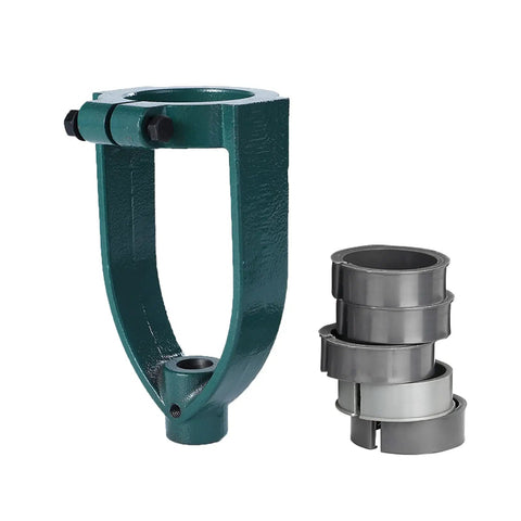 Mortising Attachment For Drill Press With Square Hole Hollow Chisel Set And Bench Locator, green bracket and metal rings shown