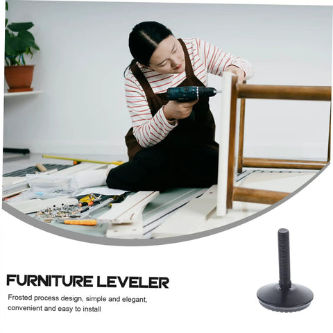 Person using a power drill to install Heavy Duty Adjustable Furniture Levelers With Swivel Base For Tables And Cabinets.