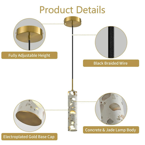 Modern Cement Pendant Lights, Hanging Lamp for Kitchen Island, 6000K, 2 Pack with gold base cap and black braided wire.