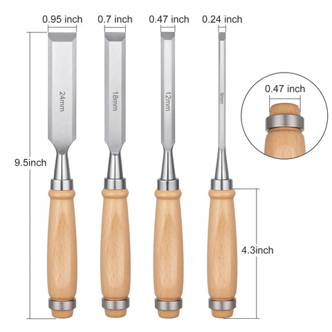Badass Bevel Edge Wood Chisel Set For Real Deal Workshops With Precision Ground Steel Blades In Four Classic Sizes, beech handles.