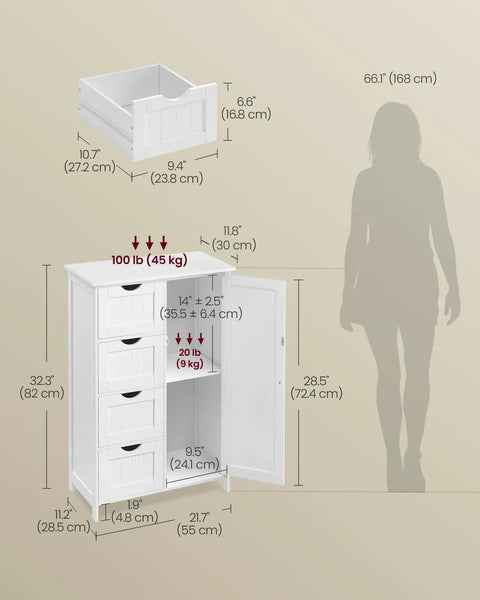 Dimensions and storage details of No Fuss Freestanding Storage Cabinet With Drawers And Door, 32.3 Inch Tall, Cloud White