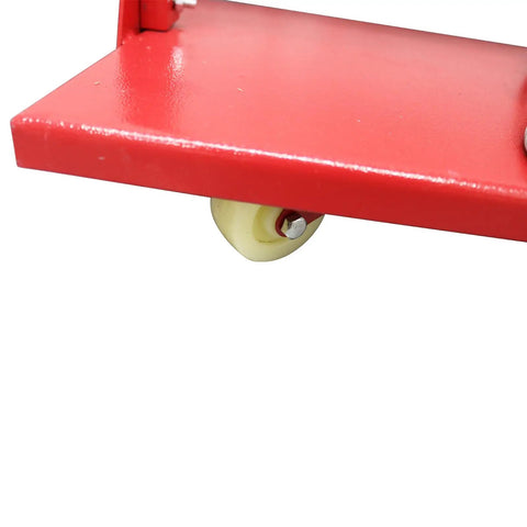 Beefy Heavy Duty Auto Body Frame Puller And Straightener With 6600 Lbs Load Capacity, close-up of red metal platform with wheel