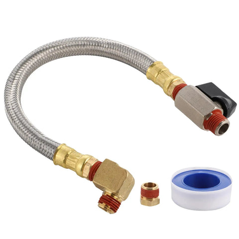 110V Automatic Timed Water Tank Drain Valve with 10-inch braided steel hose, 1/4 inch NPT threads, and elbow fitting for air compressor.