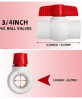 Side and front view of 3/4 inch PVC ball valve with slip ends, part of Five Pack Three Quarter Inch PVC Ball Valves With Slip Ends For Water Lines 150 Psi Rating Socket Fittings Pipe Fittings Manual On Off Toggle Ideal For Home DIY Plumbing Projects Residential And Commercial Use Durable Plastic Construction.