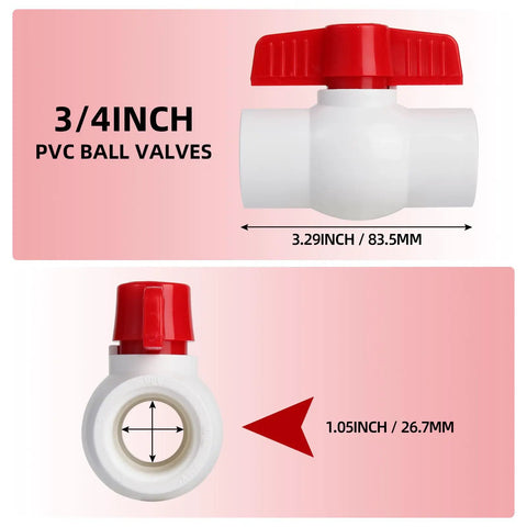 Side and front view of 3/4 inch PVC ball valve with slip ends, part of Five Pack Three Quarter Inch PVC Ball Valves With Slip Ends For Water Lines 150 Psi Rating Socket Fittings Pipe Fittings Manual On Off Toggle Ideal For Home DIY Plumbing Projects Residential And Commercial Use Durable Plastic Construction.