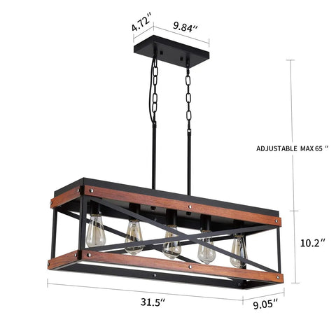 Dope Industrial Rustic Wood And Metal Linear Pendant Chandelier With Five Lights For Kitchen Island Dining Room And Living Room Black Finish Sloped Ceiling Ready Includes 65 Inch Adjustable Chain