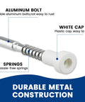 12 Pack Window Screen Plunger Latch Set With Aluminum Pins Springs And White Caps, showing aluminum bolt, spring, and white cap.