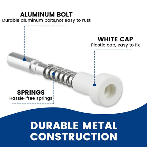 12 Pack Window Screen Plunger Latch Set With Aluminum Pins Springs And White Caps, showing aluminum bolt, spring, and white cap.