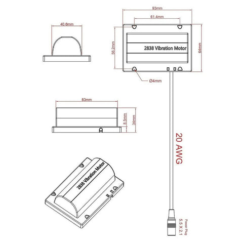 Technical diagram of R2838 Vibration Motor 24V Lightweight High Speed Rotary Vibrating Motor with dimensions and cable details.