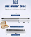 Measurement guide for 12 Inch Gas Struts 107N Lift Supports With Mounting Brackets for various lid sizes and uses.
