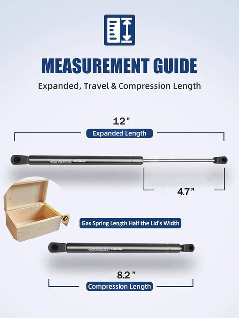 Measurement guide for 12 Inch Gas Struts 107N Lift Supports With Mounting Brackets for various lid sizes and uses.