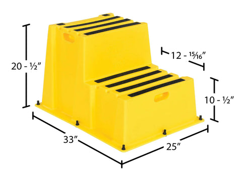 Nestable Polyethylene 2 Step Stool With 500 Lb Capacity, Yellow, Anti Slip Treads, Lightweight And Portable With Front And Side Handles, Easy Storage For Home, Shop, Or Jobsite. Dimensions: 33x25 inch base, 20-1/2 inch height.