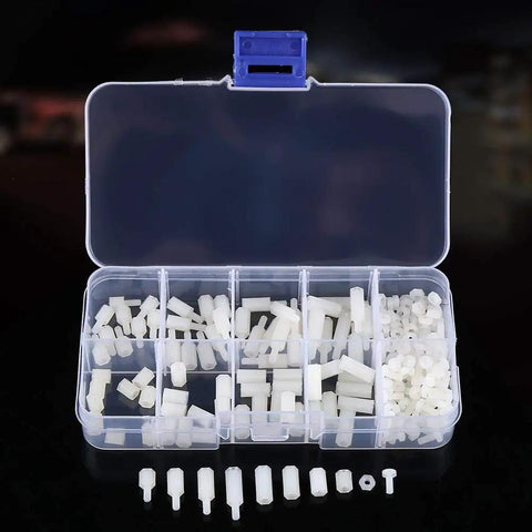 Zero Fuss Nylon Standoff Kit With M2.5 Hex Spacers And Male Female Bolt Nuts, organized nylon standoffs in a clear storage case.
