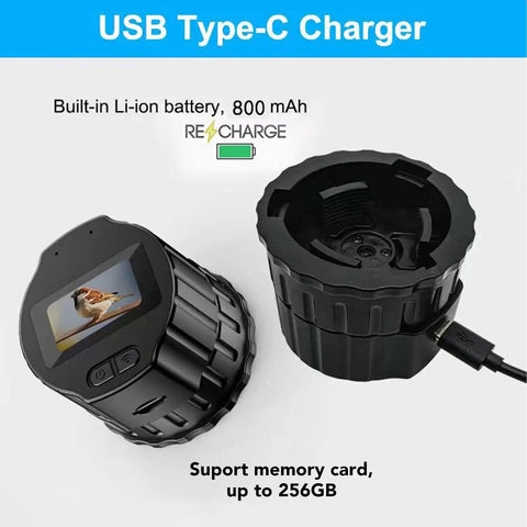 USB Type-C charger with wireless connection, 800 mAh Li-ion battery, supporting up to 256GB memory card, shown with recharging.