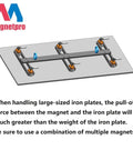 Illustration of switchable magnetic lifting magnet with 660 lb pull off force for industrial plates. Includes several connected units.