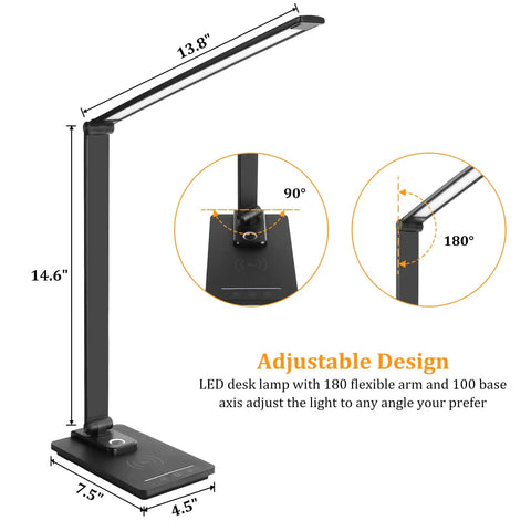 Dimensions and adjustable design of Go-To Smart Desk Lamp With 10W Wireless Charger And USB Port For Home Office And Study