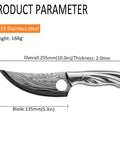 Beast Meat Cleaver And All Purpose Kitchen Knife For Cutting Meat Bone Fruit And More With Stainless Steel Blade High Carbon Steel Build Super Sharp And Durable For Camping Hunting Fishing And Everyday Chef Tasks, showing dimensions and Damascus pattern blade.