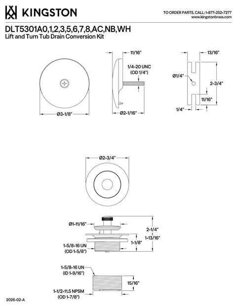 Technical diagram of Lift And Turn Tub Drain Kit In Brushed Brass With No-Fuss Universal Fit For 1-1/2 And 1-3/8 Inch Drains
