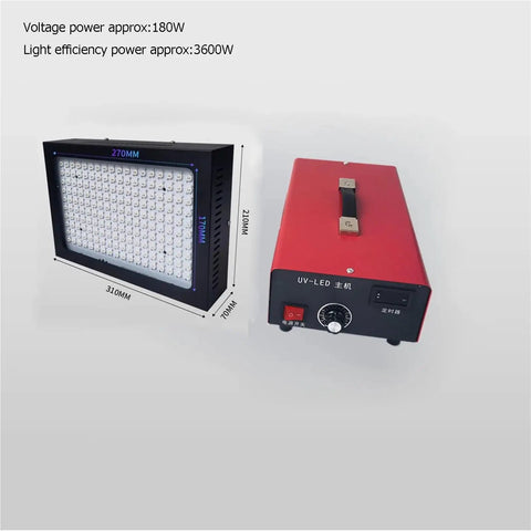Badass High Power UV LED Curing Lamp With Quick Timing For Epoxy Resin Glue 3D Print Ink And Silk Screen Jobs Hella Durable Aluminum Housing Straight Up Amazing Results Guaranteed with dimensions 310mm x 210mm x 70mm.