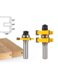 Top Tier 2Pc Tongue And Groove Router Bit Set For Pro Woodworkers To Craft Smooth Seamless Joints In Hardwood Plywood And Veneer Projects Like A Boss With Easy Setup. Two router bits and wood piece shown.