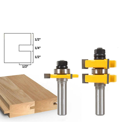 Top Tier 2Pc Tongue And Groove Router Bit Set For Pro Woodworkers To Craft Smooth Seamless Joints In Hardwood Plywood And Veneer Projects Like A Boss With Easy Setup. Two router bits and wood piece shown.