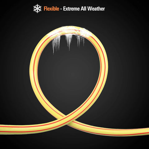 Solution4Patio garden hose, yellow with red stripe, coiled