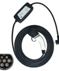 Portable Level 2 EV Charger With Up To 16 Amp Smart Charging Is Plug And Go Ready And Works With 120V Or 240V Outlets Includes 16 Foot Cable For Home Or On The Go EV Charging White, showing coiled cable and charging plug.