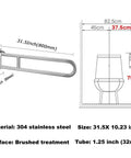 Diagram of sturdy 31.4 inch stainless steel handicap grab bar wall mounted with flip up toilet rail for shower and bath safety.