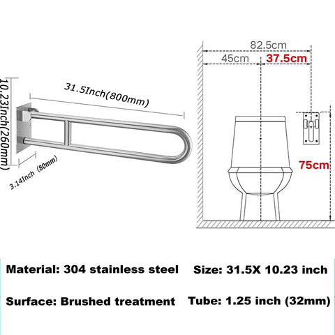 Diagram of sturdy 31.4 inch stainless steel handicap grab bar wall mounted with flip up toilet rail for shower and bath safety.