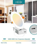 6 Inch LED Recessed Light With Junction Box 12W 900LM Dimmable Can Lights 5CCT Adjustable 2700K To 5000K Recessed Lighting Kit ETL Certified 12 Pack Bundle showing color temperature options.