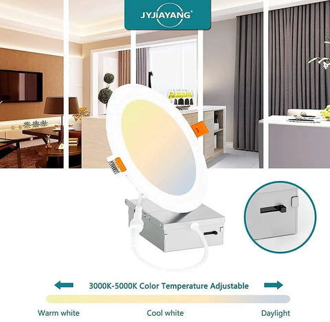 6 Inch LED Recessed Light With Junction Box 12W 900LM Dimmable Can Lights 5CCT Adjustable 2700K To 5000K Recessed Lighting Kit ETL Certified 12 Pack Bundle showing color temperature options.