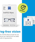 ZEISS AntiFOG Wipes front view: white box with blue ZEISS logo and glasses, 120-count, plus two sachets.