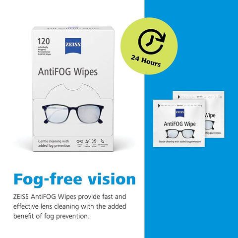 ZEISS AntiFOG Wipes front view: white box with blue ZEISS logo and glasses, 120-count, plus two sachets.