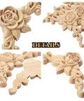 Premium Wood Carved Appliques And Onlays Four Piece Set Of Unpainted Rose Corner Decals showcasing detailed floral carvings.