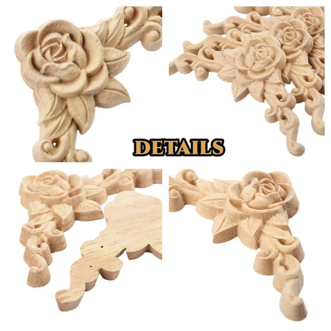 Premium Wood Carved Appliques And Onlays Four Piece Set Of Unpainted Rose Corner Decals showcasing detailed floral carvings.