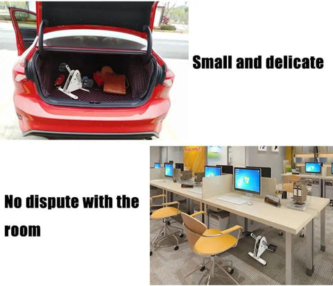 Foot Powered Pedal Generator With Built In Energy Storage for emergency power, shown in car trunk and under office desk.