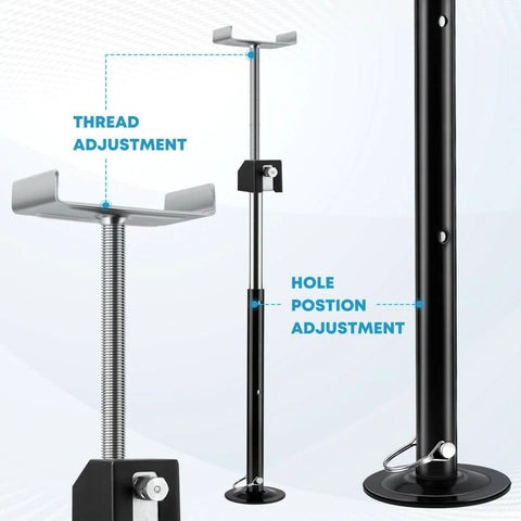 Set Of 2 RV Slide Out Supports For Travel Trailers Heavy Duty Camper Jacks That Hold Up To 5000 Lbs Adjustable Height From 20 To 49 Inches Quick Raise With Power Drill Or Hand Crank RV Camper Accessories For Easy Setup showing thread and hole adjustments.