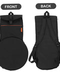 Heavy Duty Black Drum Bag Made For Open Road Rhythms features front and back view with padded straps and waterproof design.