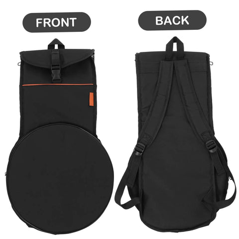 Heavy Duty Black Drum Bag Made For Open Road Rhythms features front and back view with padded straps and waterproof design.