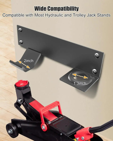 Heavy Duty Wall Mount Jack Stand Rack For Garage And Workshop Stainless Steel Floor Jack Holder With Rust Resistant Build Secure Space Saving Storage For Jack Stands And Trailer Gear Cushioned Pads Included shown mounted on wall with hydraulic jack