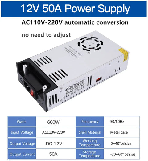 Beefy 12V 50A 600W DC Power Supply Converter with metal case and automatic conversion display