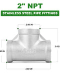 2 inch 304 stainless steel tee pipe fittings with NPT female connector, heavy-duty three-way branch tee for plumbing and industrial piping