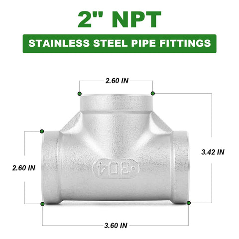 2 inch 304 stainless steel tee pipe fittings with NPT female connector, heavy-duty three-way branch tee for plumbing and industrial piping