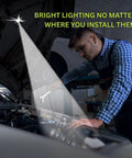 Mechanic using 20 Lumens Each Ultra Bright Button LED Lamps With Adhesive in car hood, providing strong light for repair work.