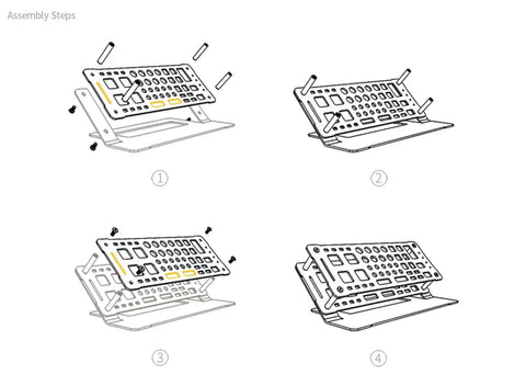Assembly steps for Desk Top Aluminum Alloy Screwdriver Rack And Tool Organizer With 45 Degree Tilt in four stages