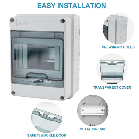 5 Way Circuit Breaker Box IP65 Weatherproof Distribution Enclosure With Din Rail ABS Plastic Cover, front and side view