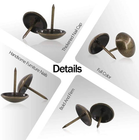 100 Pcs Antique Brass Upholstery Tacks 3/4 Inch Furniture Nails showing thickened nail caps and firm design for decor projects.