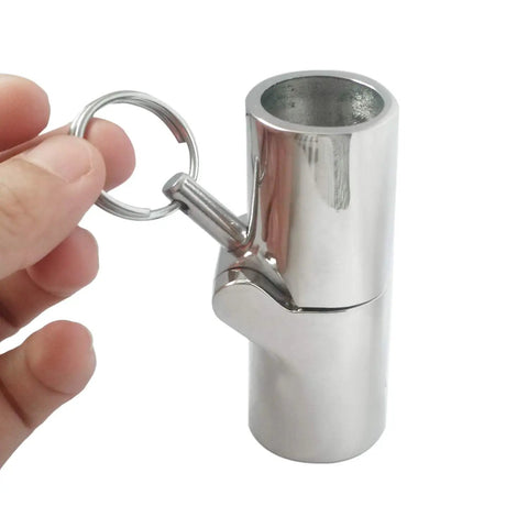 Marine Grade 316 Stainless Steel Handrail Fitting With Folding Swivel Connector For 1 Inch OD Boat Tubing 180 Degree Inline Joint Mirror Finish, Saltwater Ready And Highly Durable, shown with key ring